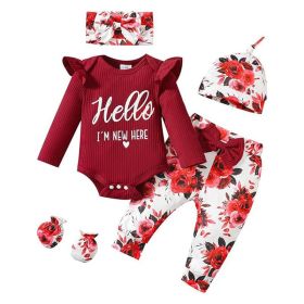 Newborn Baby Girl 'Hello I'm New Here' Romper Set Includes Floral Pants, Hat, Headband, & Coming Home Outfit (Option: Red-Newborn)