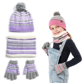 1Set Winter Kids Knitted Hat Scarf Gloves 3Pcs Boys Girls Winter Warm Beanie Hat And Glove Scarf Set Beanie Neck Warmer Mittens For 4- To 7 Years (Color: Purple)