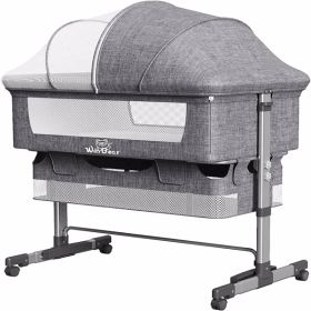 3-in-1 Bedside Crib With Mosquito Net, Large Storage Bag, Comfortable Mattress With Lockable Wheels, Grey (Color: Grey)