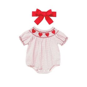 Newborn Baby Girls' Valentine's Day Smocked Romper Short Sleeve Heart Embroidery Jumpsuit Casual Cute Romper (Option: Pink-0to3 Months)