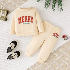 Baby Girls 2Pcs Christmas Outfits MERRY Christmas Letter Print Round Neck Long Sleeve Sweatshirt & Pants Set (Option: Apricot-6to9 Months)
